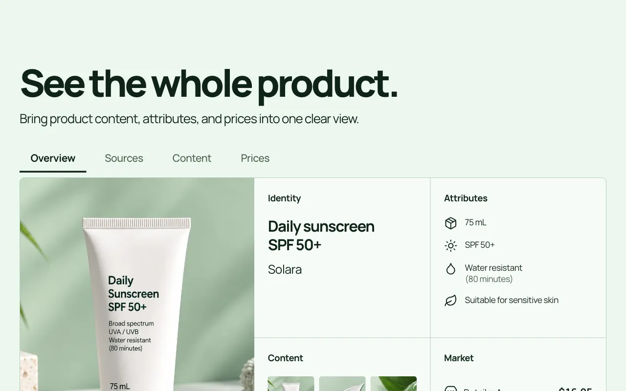 Pricogni public homepage presenting catalogue comparison with sample product data.