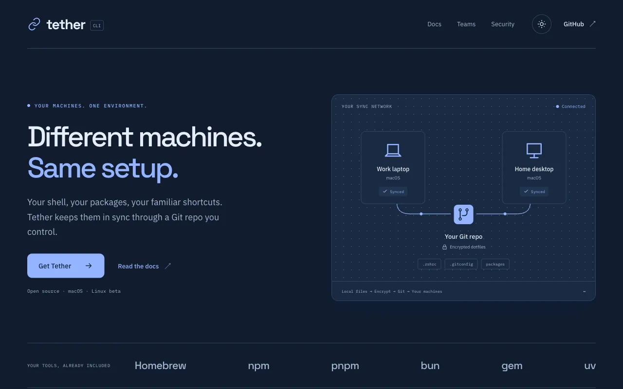 Tether public website describing encrypted development environment synchronisation.